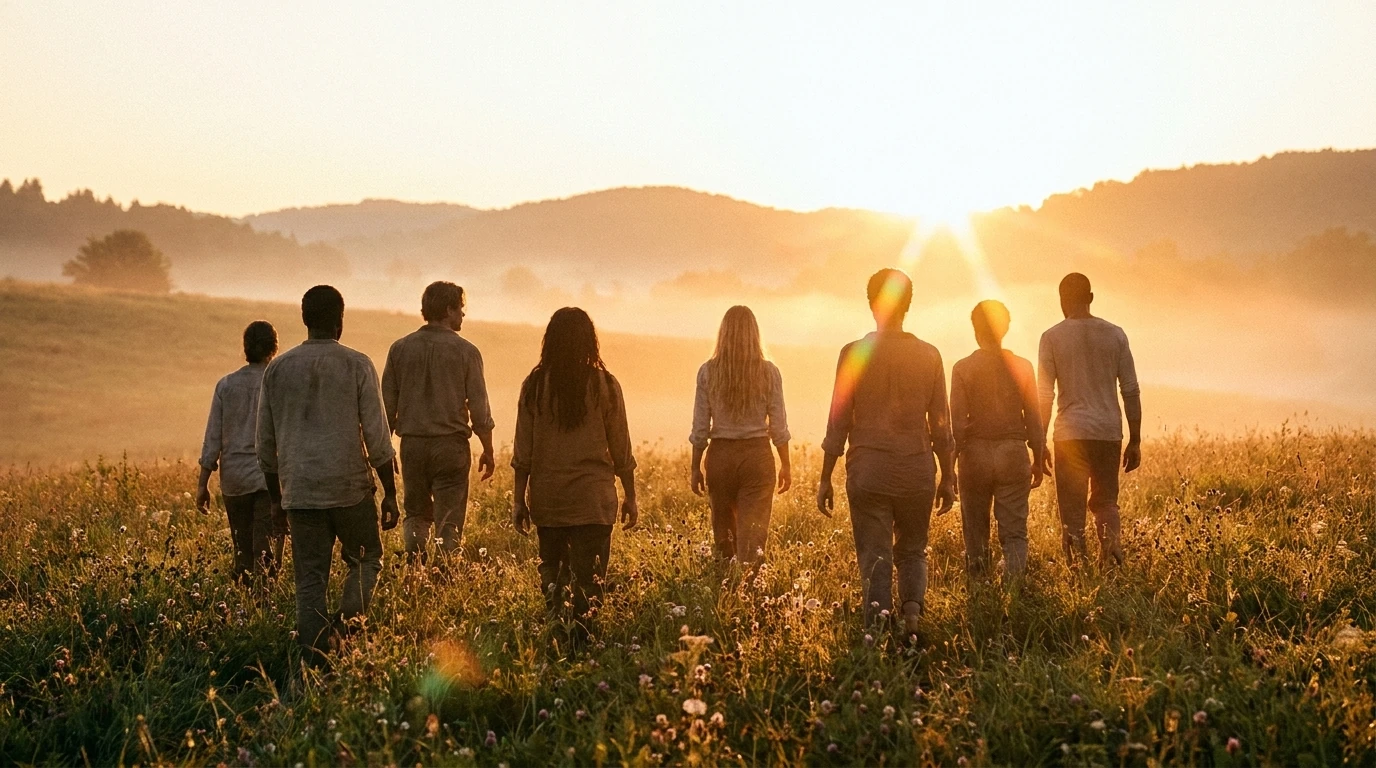 A gathering of souls walking together into radiant dawn light.